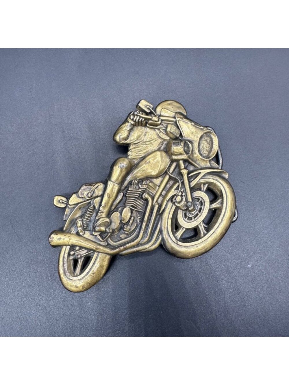 Vintage Motorcycle Belt Buckle Gold Brass Tone Biker RJ Retro Fashion Accessory